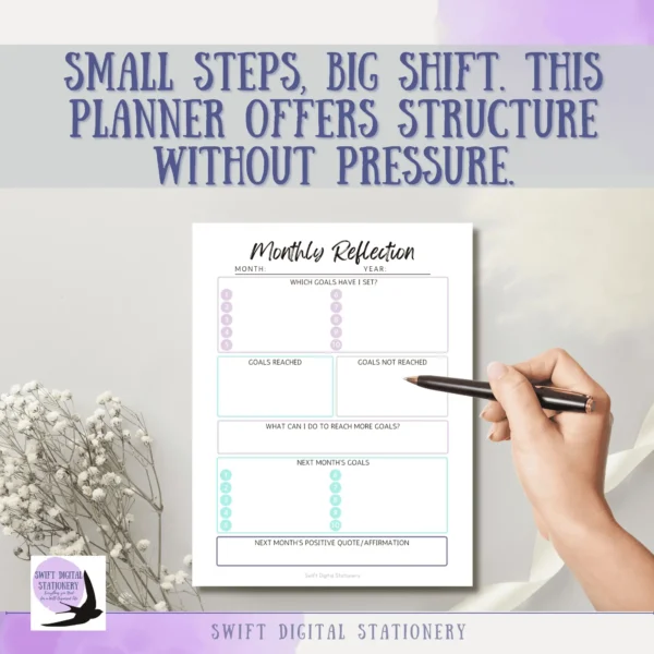 Flourish and Focus planner page in use with hand holding pen