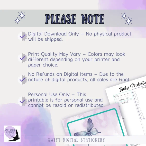 Important notes about the Flourish and Focus planner shown in a clean layout