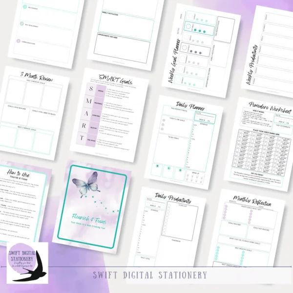 Preview pages from Flourish and Focus goal planner showing varied templates