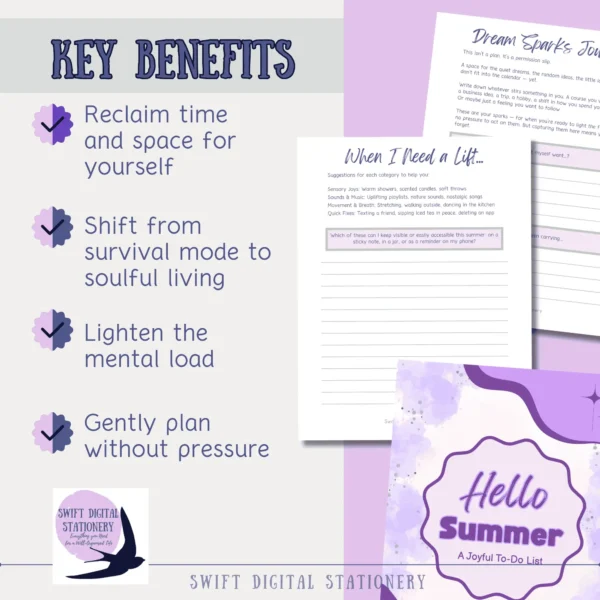 Hello Summer journal pages with self-care suggestions and benefits including sensory joys, planning tools, and emotional wellness prompts.