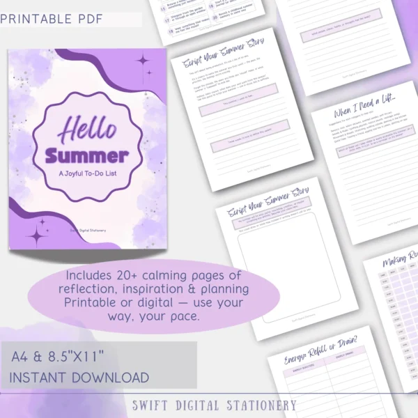 Promotional preview for Hello Summer printable journal by Swift Digital Stationery, showing the cover and sample pages with over 20 calming tools for emotional wellbeing.