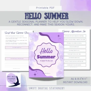 Promotional image for Hello Summer, a joyful summer planner printable journal featuring cover art, sample pages, affirmations, and product details in a purple and white design.