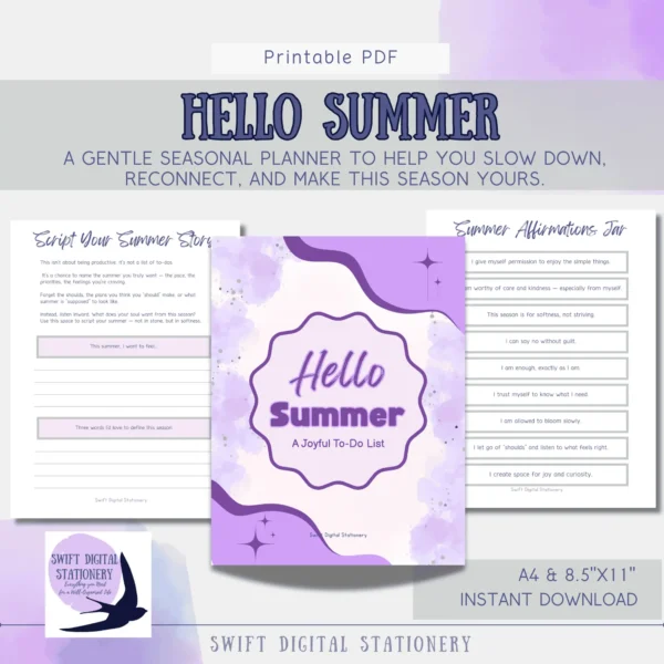 Promotional image for Hello Summer, a joyful summer planner printable journal featuring cover art, sample pages, affirmations, and product details in a purple and white design.