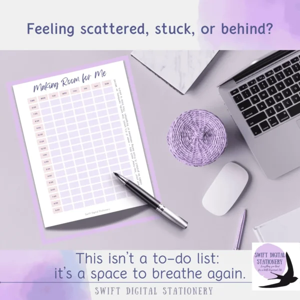 Printable weekly schedule from Hello Summer journal with time blocks from 6 AM to 10 PM and calming affirmation: “This isn’t a to-do list: it’s a space to breathe again.”