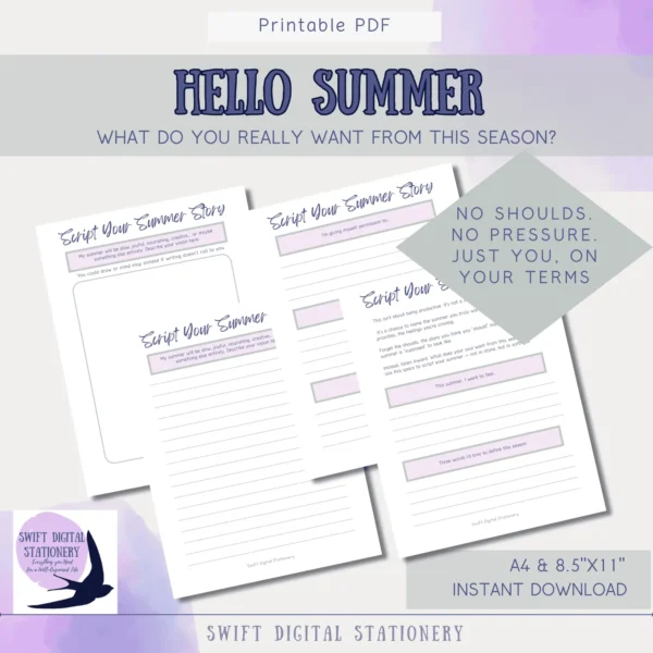 Printable journal pages from Hello Summer with guided prompts to help users script their summer story, explore personal intentions, and define seasonal feelings.