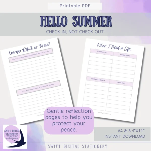 Printable reflection pages from Hello Summer journal including an energy audit and mood-lifting self-care tool.