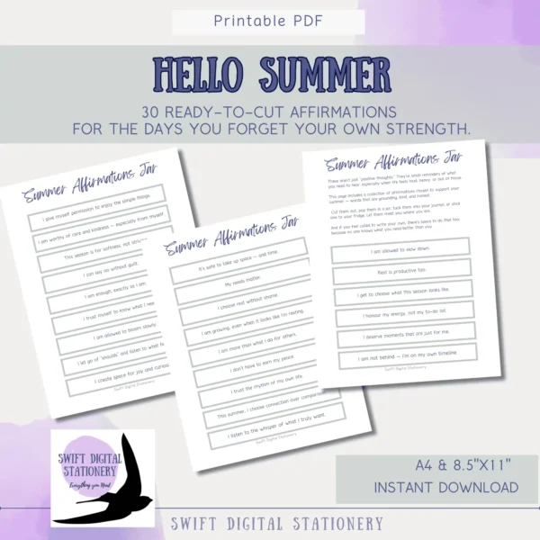 Printable affirmation jar sheets from Hello Summer journal with 30 uplifting self-care phrases for midlife women.