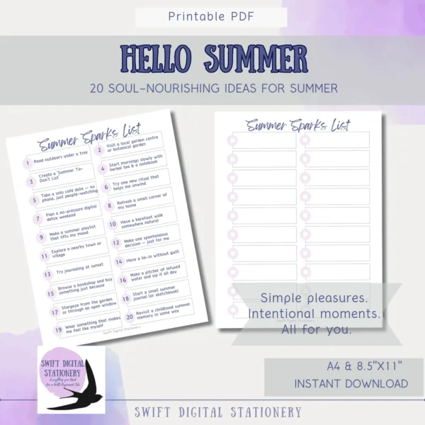 Printable summer goals page from Hello Summer journal showing inspirational ideas and a blank template for personal goals.