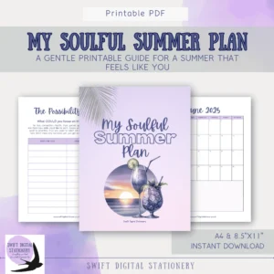 Cover page of summer self-care journal: My Soulful SUMMER Plan printable journal with soft pastel design and calendar layout.