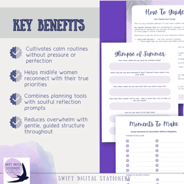 List of key benefits from My Soulful SUMMER Plan printable journal.