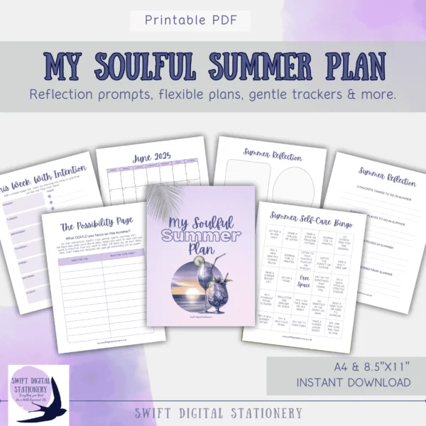 Flat lay of My Soulful SUMMER Plan cover and planner pages.