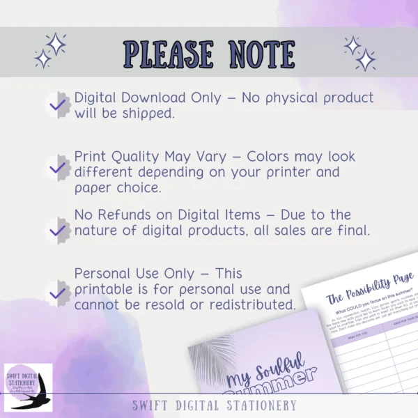 Instructional note for printing My Soulful SUMMER Plan with usage guidelines.
