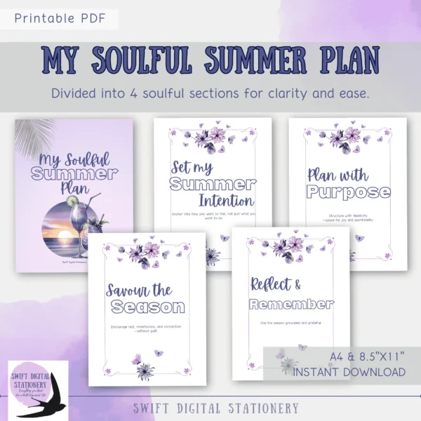 Preview of planner sections from My Soulful SUMMER Plan including weekly layouts and reflection prompts.