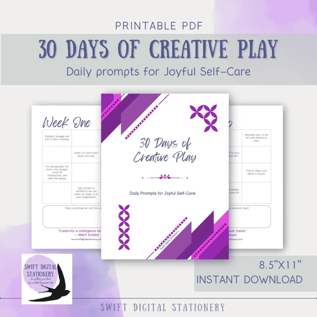 Preview of a printable titled “30 Days of Creative Play: Daily Prompts for Joyful Self-Care,” featuring a purple geometric design and creative activities like doodling, storytelling, and neurographic art.