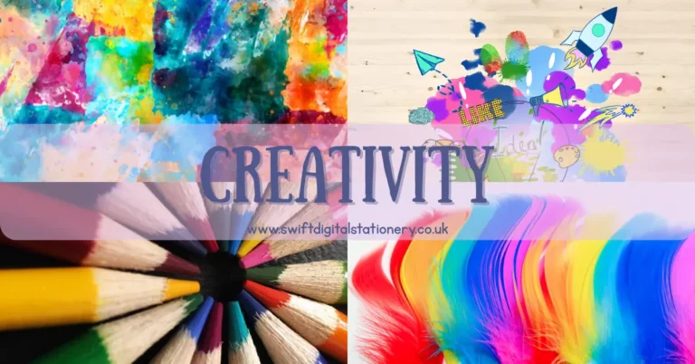 Collage of colorful creative elements including abstract painting, doodles, colored pencils, and flowing paint strokes with the word "CREATIVITY" and Swift Digital Stationery website.