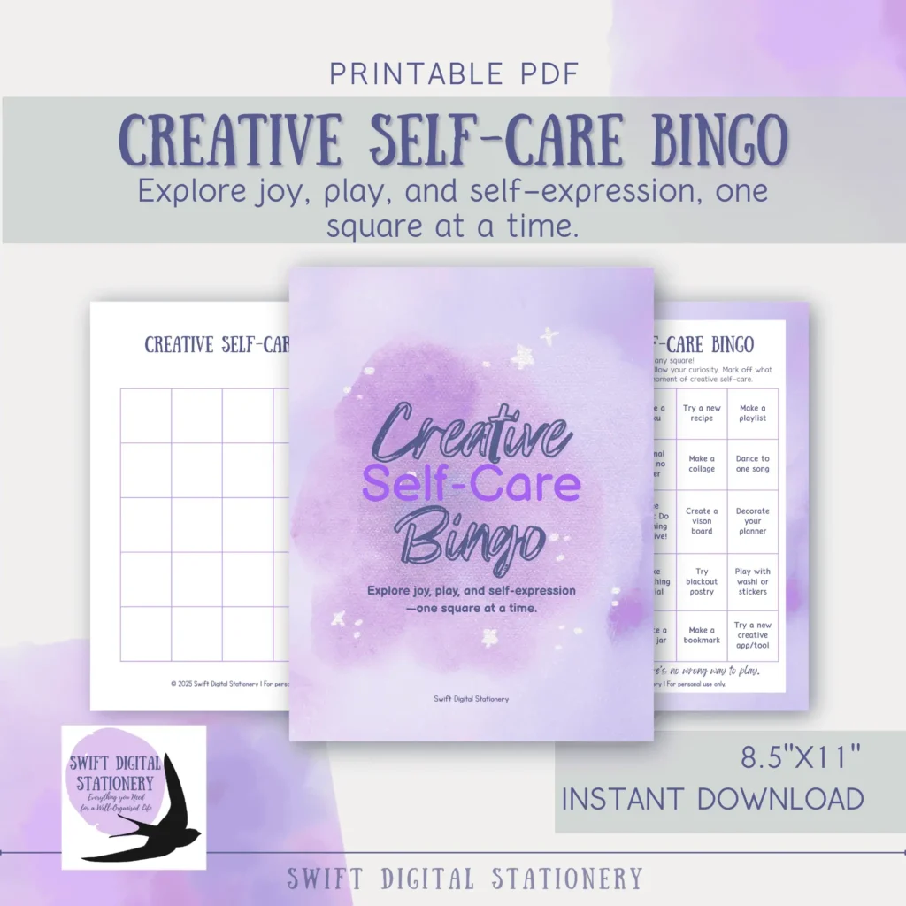 Mockup of a printable Creative Self-Care Bingo card with watercolor background, designed to encourage playful self-care and creativity.