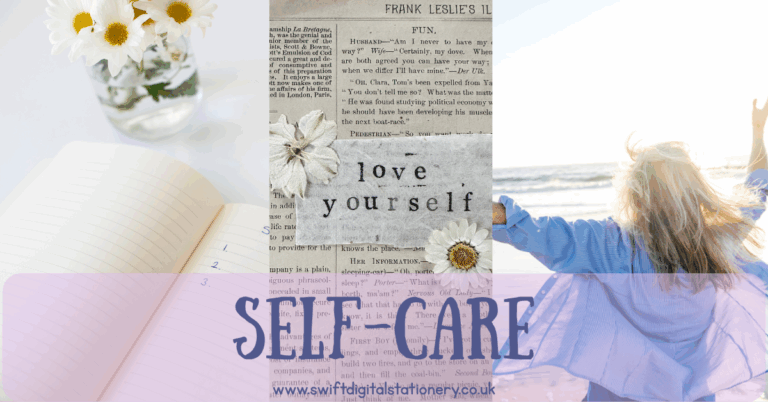 A collage-style image with “SELF CARE” in bold letters, featuring a vase of daisies beside a journal, a vintage-style newspaper with the phrase “love yourself,” and a peaceful beach scene with a person standing near the shoreline.