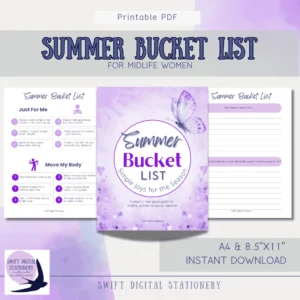 Printable summer bucket list for midlife women featuring joyful seasonal activities and calming purple design with butterfly and floral accents.