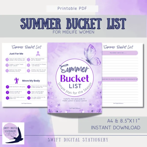 Printable summer bucket list for midlife women featuring joyful seasonal activities and calming purple design with butterfly and floral accents.