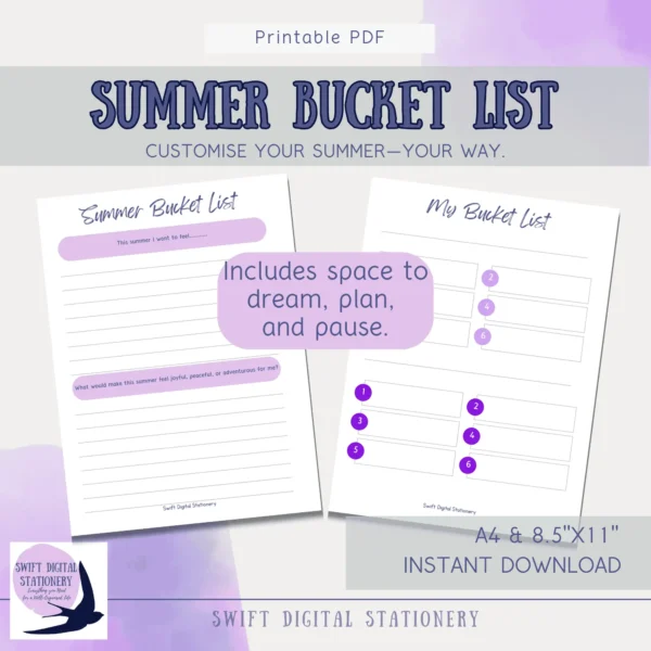 Printable summer bucket list pages for midlife women featuring emotional prompts and numbered activity list, shown with purple floral design.