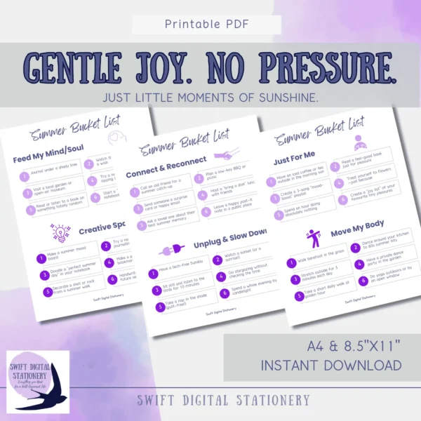 Three printable summer bucket list pages for midlife women featuring joyful seasonal activities across themes like creativity, connection, and movement.