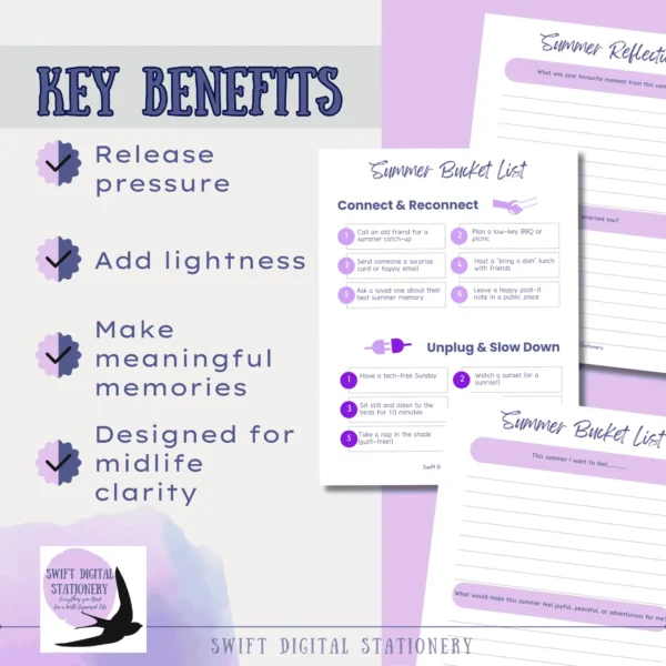 Printable summer bucket list for midlife women featuring sections titled “Connect & Reconnect” and “Unplug & Slow Down” alongside benefits like release pressure and make memories.