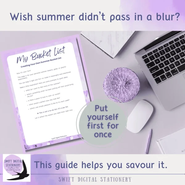 Printable summer bucket list worksheet on a desk with purple pen, ball of yarn, notebook, and prompts for joyful seasonal planning.