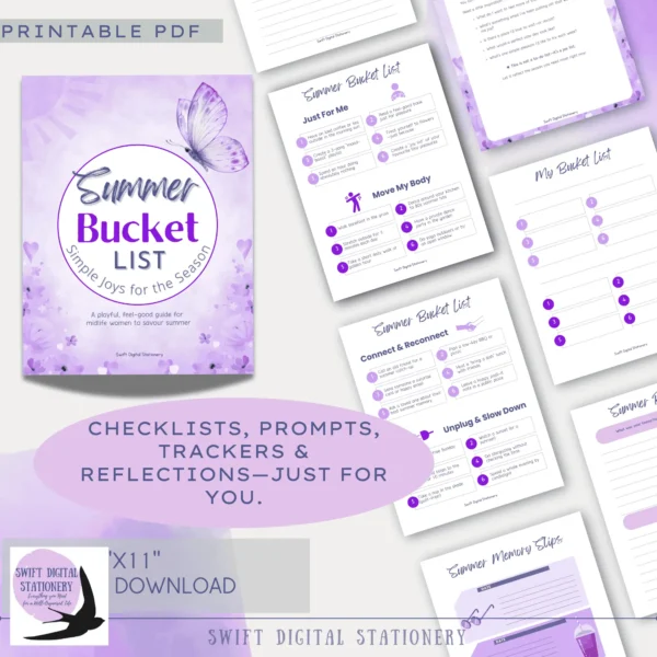 Printable summer bucket list for midlife women showing multiple themed pages including checklists, prompts, trackers, and seasonal reflections with purple floral design.