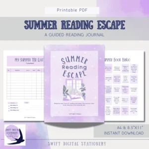 Promotional graphic for Summer Reading Escape Journal showing illustrated purple cover, Summer TBR List, and Summer Book Bingo page. Includes instant download details and format sizes.