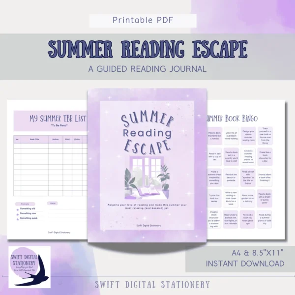 Promotional graphic for Summer Reading Escape Journal showing illustrated purple cover, Summer TBR List, and Summer Book Bingo page. Includes instant download details and format sizes.