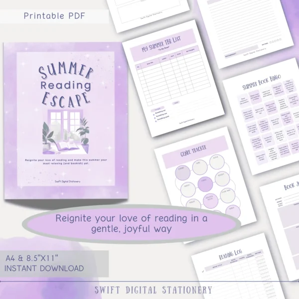 Printable Summer Reading Escape Journal cover in pastel purple with open book illustration and preview of pages including TBR list, genre tracker, book bingo, and reading log.