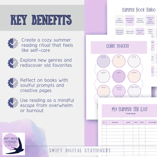 Promotional graphic for Summer Reading Escape Journal showing key benefits and preview pages including Summer Book Bingo, Genre Tracker, and TBR List.