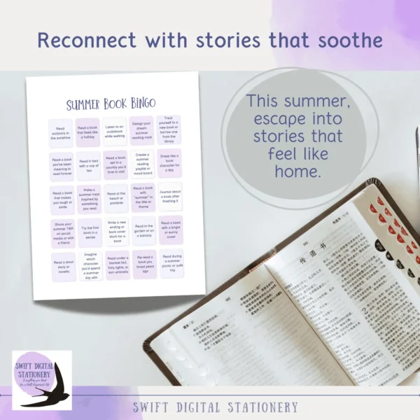 Summer Book Bingo page from the Summer Reading Escape Journal with 25 reading challenges. Includes overlay text “Reconnect with stories that soothe” and “Escape into stories that feel like home.”