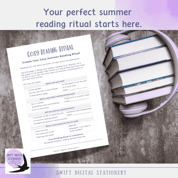 Printable Cosy Reading Ritual page from Summer Reading Escape Journal with prompts to personalize reading experience. Includes stack of books with headphones and overlay text “Your perfect summer reading ritual starts here.”