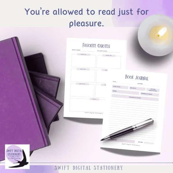 Printable Favorite Quotes and Book Journal pages from Summer Reading Escape Journal with purple books, lit candle, and overlay text “You’re allowed to read just for pleasure.”