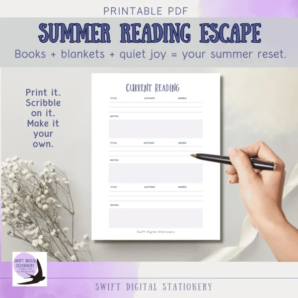 Printable Summer Reading Escape journal page with sections to track book titles, authors, genres, and notes. Includes hand holding pen and sprig of white flowers.
