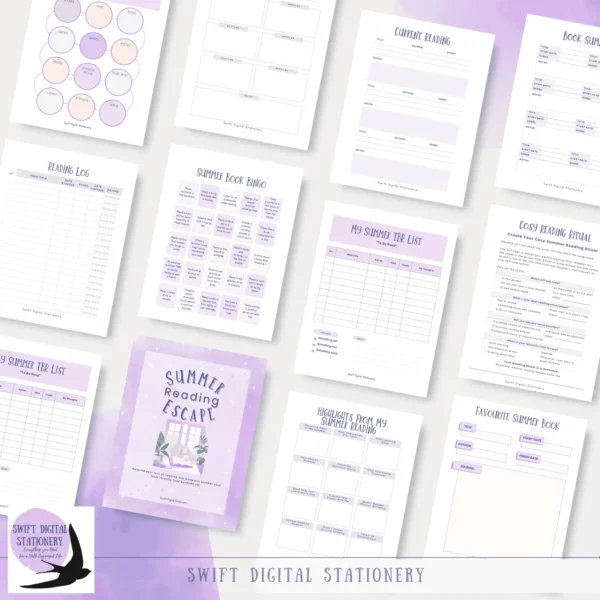 Printable Summer Reading Escape Journal preview showing reading log, book bingo, TBR list, cozy ritual planner, and reflection pages in purple theme.