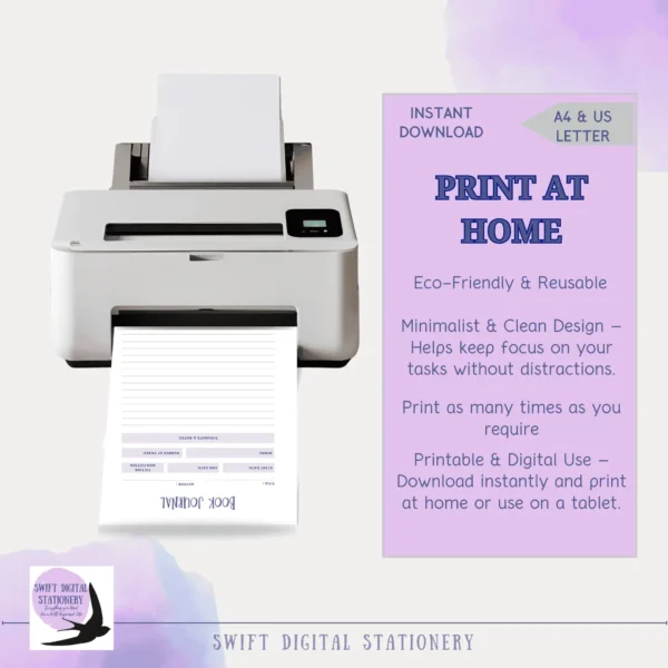 Printable Book Journal page from Summer Reading Escape Journal shown being printed. Includes purple info box with instant download details and Swift Digital Stationery branding.