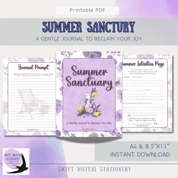 Cover page of Summer Journal Sanctuary printable journal titled “A Joyful To-Do List” with soft purple design and calming summer visuals.