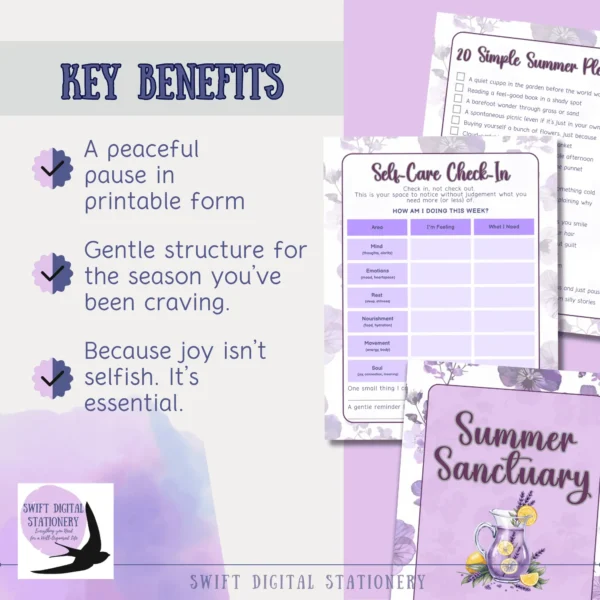 Graphic promoting Summer Sanctuary printable journal with cover art, self-care check-in, and summer pleasures list; includes emotional wellness messages