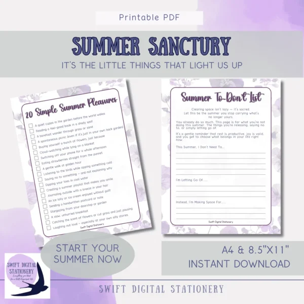 Preview of two printable pages from Summer Sanctuary journal featuring 20 summer pleasures and a gentle to-don’t list for emotional release.