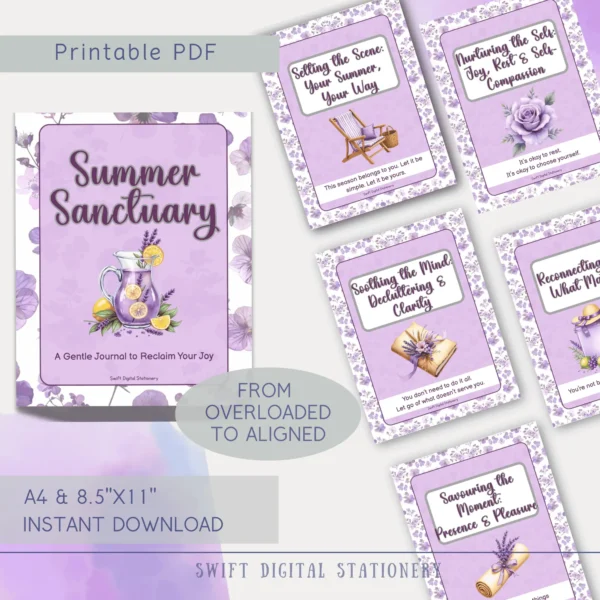 Preview of Summer Sanctuary printable journal showing cover and five themed sections including self-compassion, clarity, and emotional alignment.