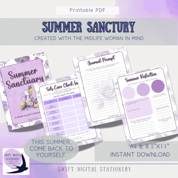 Promotional preview of Summer Sanctuary printable journal showing cover page, self-care check-in, seasonal prompts, and summer reflection layout.