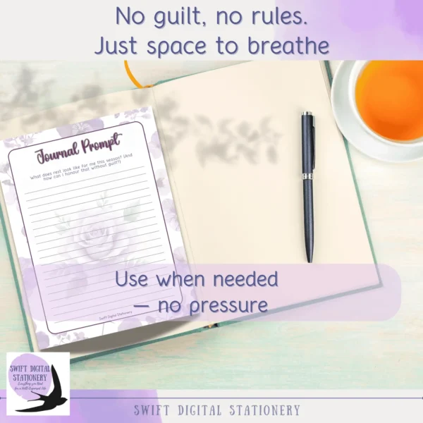 Promotional image from Summer Sanctuary journal with the phrase “No guilt. No rules.” over peaceful workspace imagery.