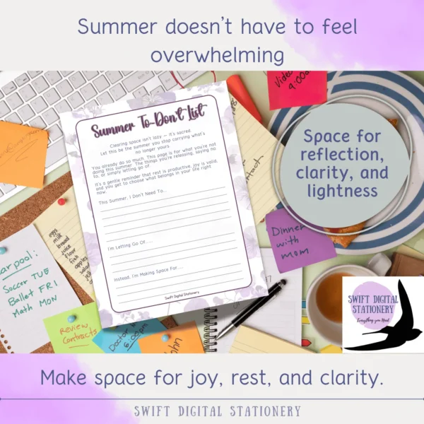 Graphic with calming visuals and message “Summer doesn’t have to feel overwhelming,” part of the Summer Sanctuary printable journal series.