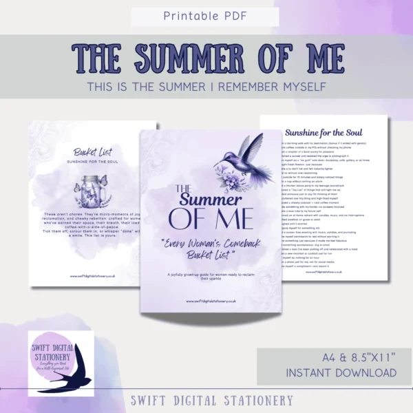 Cover page of The Summer of Me printable journal with soft pastel design and title text.
