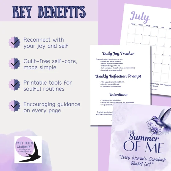 Overview of key benefits from The Summer of Me printable journal.