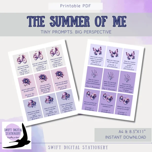Printable journal pages from The Summer of Me showing self-care rituals and reflection prompts.