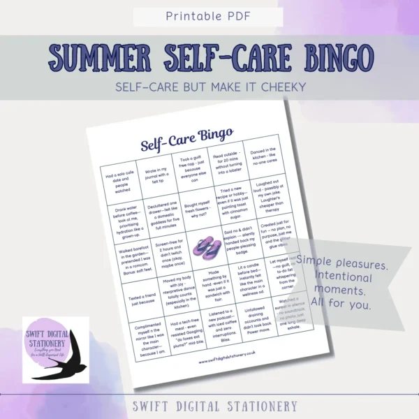 Summer Bingo page from The Summer of Me journal with joyful self-care prompts.