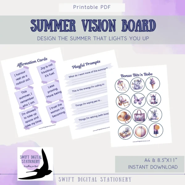 Summer vision board page from The Summer of Me journal with space for images and affirmations.